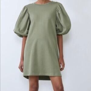 Zara Textured Puff Balloon Sleeve V Neck Stretch Mini Career Dress S Olive Green